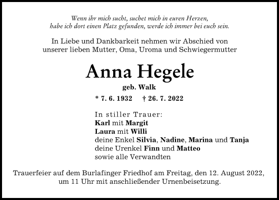 Traueranzeige von Anna Hegele von Neu-Ulmer Zeitung
