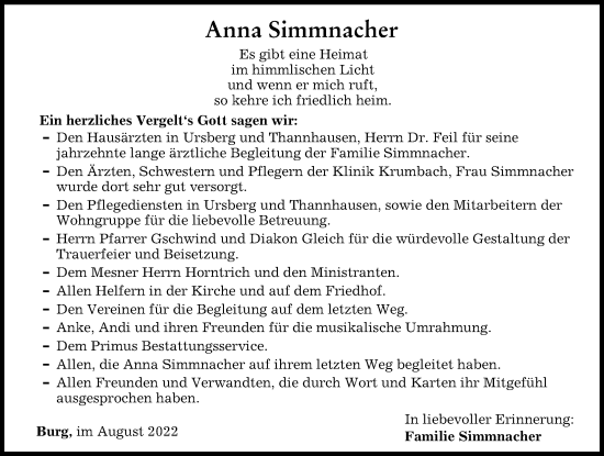 Traueranzeige von Anna Simmnacher von Mittelschwäbische Nachrichten