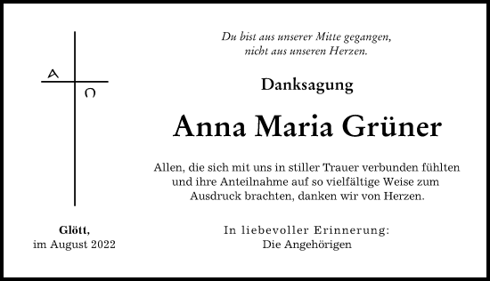 Traueranzeige von Anna Maria Grüner von Donau Zeitung