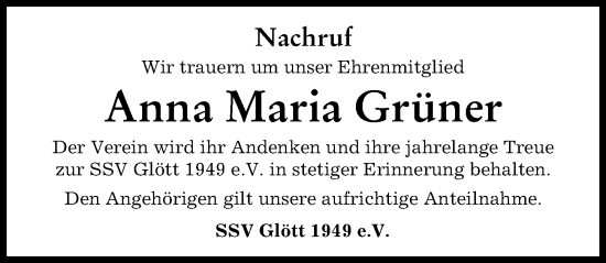 Traueranzeige von Anna Maria Grüner von Donau Zeitung