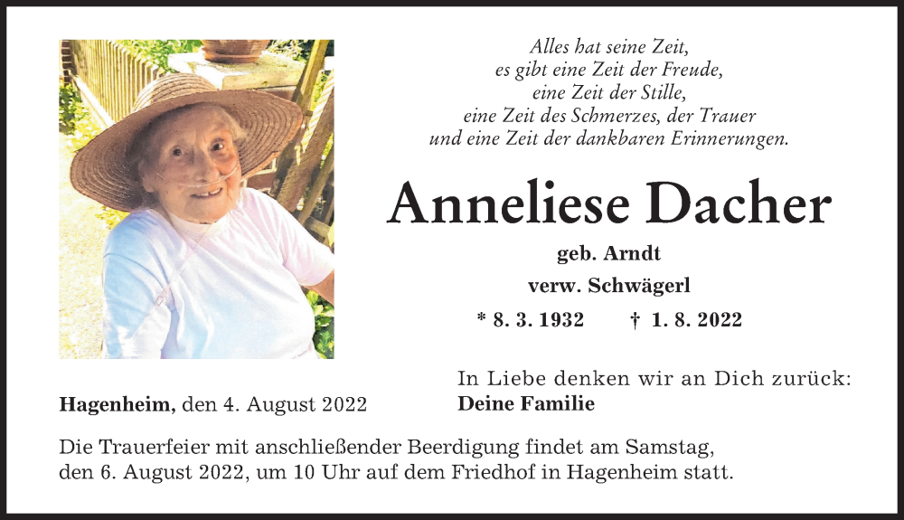  Traueranzeige für Anneliese Dacher vom 04.08.2022 aus Landsberger Tagblatt