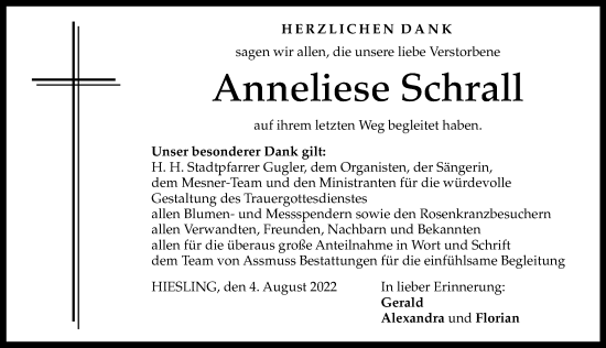 Traueranzeige von Anneliese Schrall von Aichacher Nachrichten