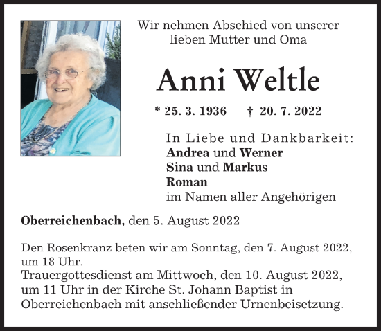 Traueranzeige von Anni Weltle von Neu-Ulmer Zeitung