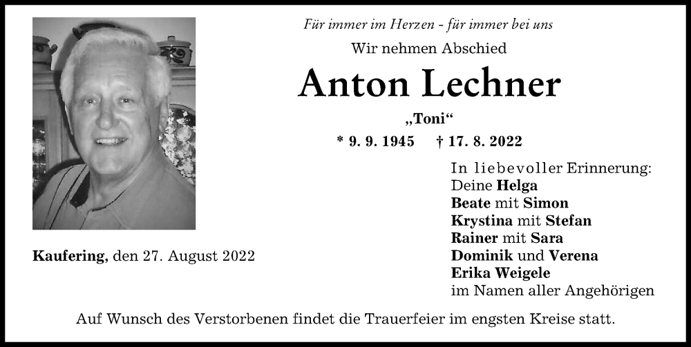  Traueranzeige für Anton Lechner vom 27.08.2022 aus Landsberger Tagblatt