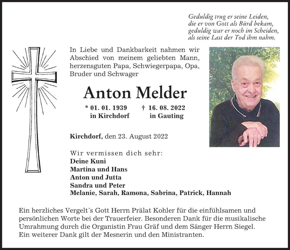  Traueranzeige für Anton Melder vom 23.08.2022 aus Mindelheimer Zeitung