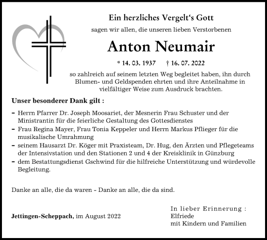 Traueranzeige von Anton Neumair von Günzburger Zeitung