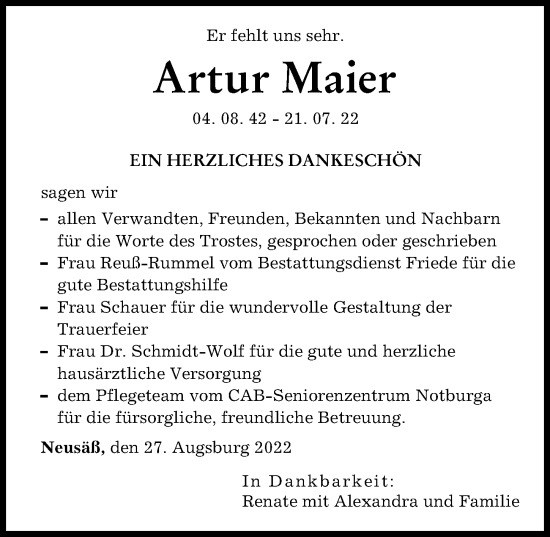 Traueranzeige von Artur Maier von Augsburger Allgemeine