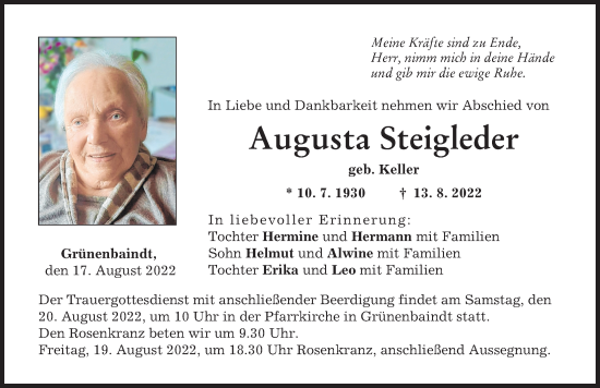 Traueranzeige von Augusta Steigleder von Augsburg-Land