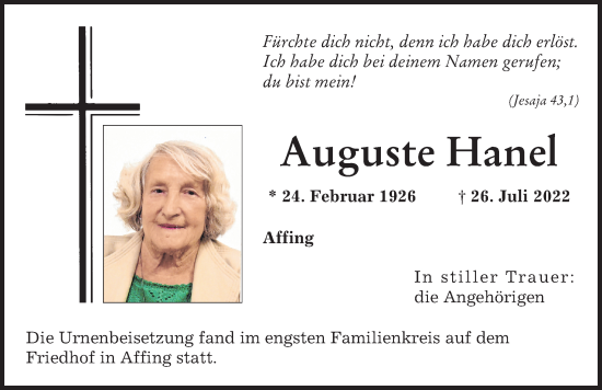 Traueranzeige von Auguste Hanel von Aichacher Nachrichten