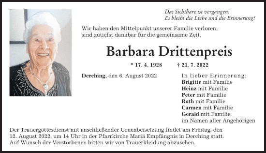 Traueranzeige von Barbara Drittenpreis von Friedberger Allgemeine, Augsburger Allgemeine