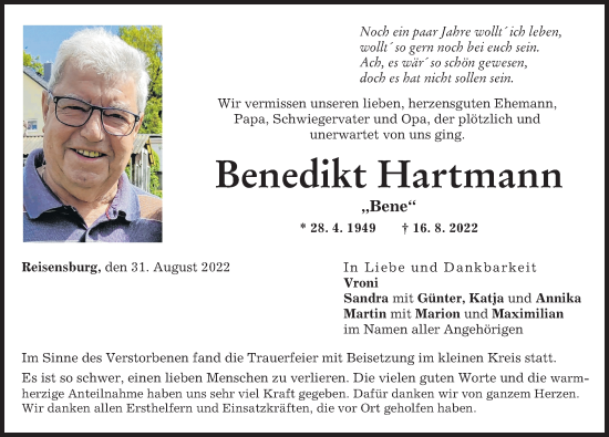 Traueranzeige von Benedikt Hartmann von Günzburger Zeitung