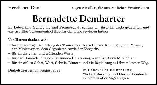 Traueranzeige von Bernadette Demharter von Augsburger Allgemeine