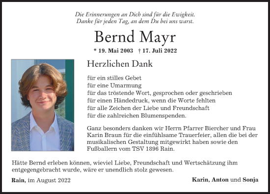Traueranzeige von Bernd Mayr von Donauwörther Zeitung