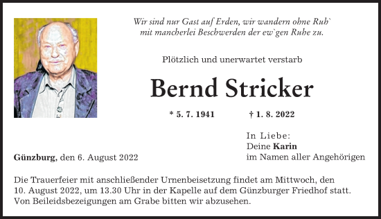 Traueranzeige von Bernd Stricker von Günzburger Zeitung