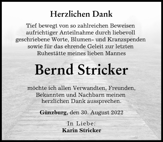 Traueranzeige von Bernd Stricker von Günzburger Zeitung