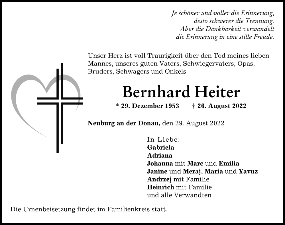  Traueranzeige für Bernhard Heiter vom 29.08.2022 aus Neuburger Rundschau