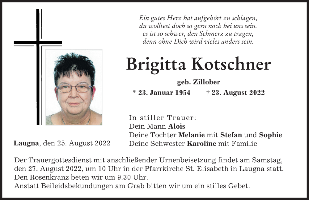  Traueranzeige für Brigitta Kotschner vom 25.08.2022 aus Wertinger Zeitung