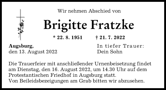 Traueranzeige von Brigitte Fratzke von Augsburger Allgemeine