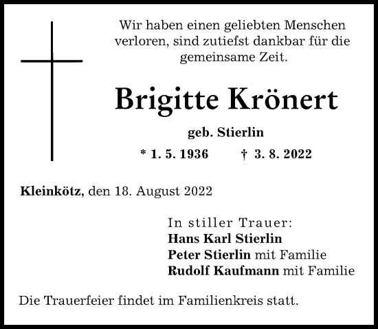 Traueranzeige von Brigitte Krönert von Günzburger Zeitung