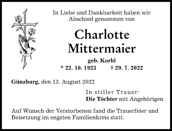 Traueranzeige von Charlotte Mittermaier von Günzburger Zeitung