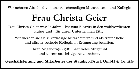 Traueranzeige von Christa Geier von Donauwörther Zeitung