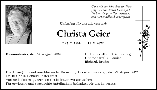 Traueranzeige von Christa Geier von Donauwörther Zeitung