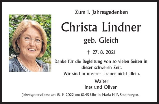 Traueranzeige von Christa Lindner von Augsburger Allgemeine