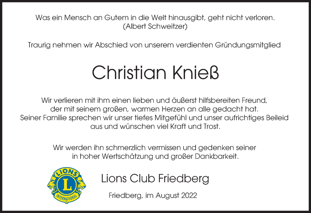  Traueranzeige für Christian Knieß vom 04.08.2022 aus Friedberger Allgemeine, Aichacher Nachrichten
