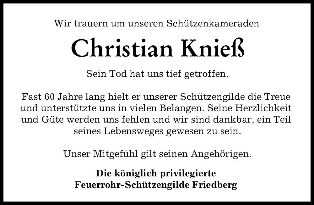  Traueranzeige für Christian Knieß vom 06.08.2022 aus Friedberger Allgemeine