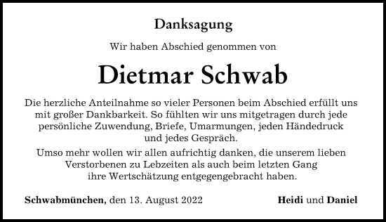 Traueranzeige von Dietmar Schwab von Schwabmünchner Allgemeine