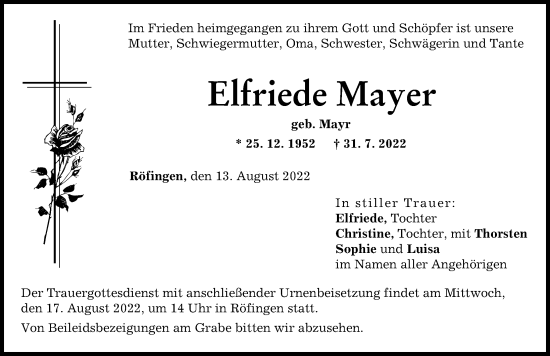 Traueranzeige von Elfriede Mayer von Günzburger Zeitung