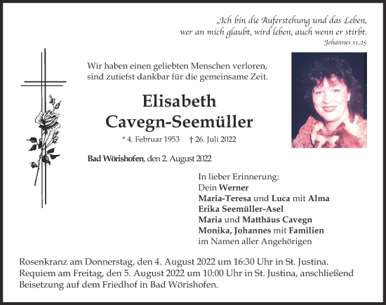 Traueranzeige von Elisabeth Cavegn-Seemüller von Mindelheimer Zeitung