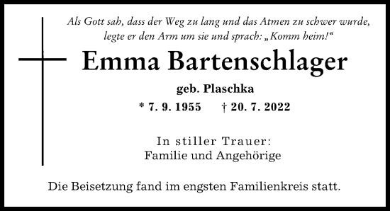 Traueranzeige von Emma Bartenschlager von Neu-Ulmer Zeitung