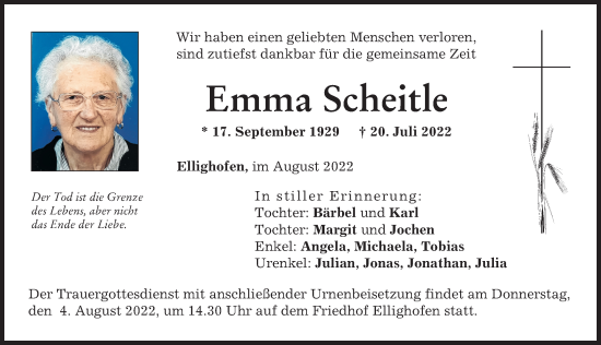 Traueranzeige von Emma Scheitle von Landsberger Tagblatt