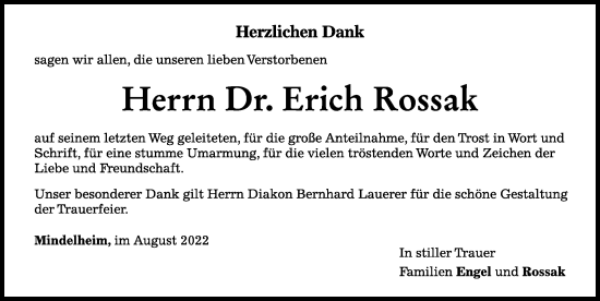 Traueranzeige von Erich Rossak von Mindelheimer Zeitung