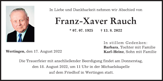 Traueranzeige von Franz-Xaver Rauch von Wertinger Zeitung