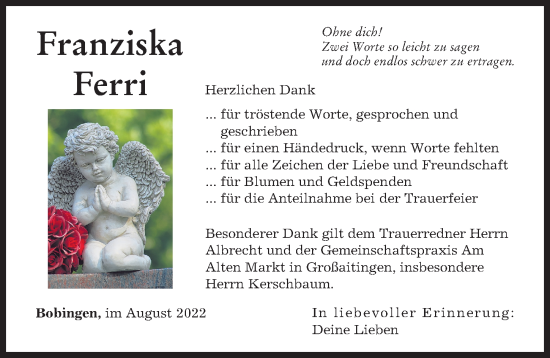 Traueranzeige von Franziska Ferri von Schwabmünchner Allgemeine