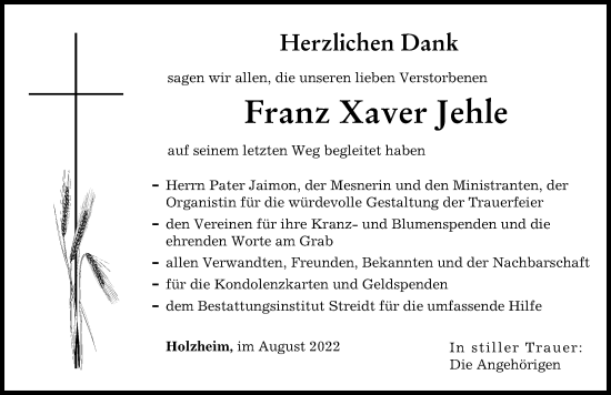 Traueranzeige von Franz Xaver Jehle von Neu-Ulmer Zeitung