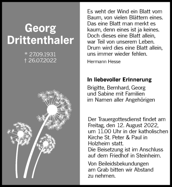 Traueranzeige von Georg Drittenthaler von Augsburger Allgemeine, Neu-Ulmer Zeitung
