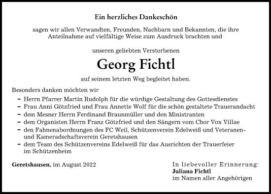 Traueranzeige von Georg Fichtl von Landsberger Tagblatt
