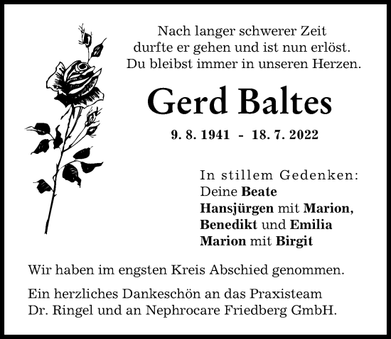 Traueranzeige von Gerd Baltes von Friedberger Allgemeine