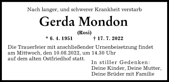 Traueranzeige von Gerda Mondon von Augsburger Allgemeine