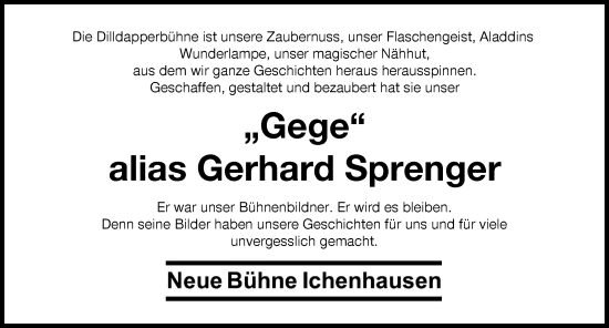 Traueranzeige von Gerhard Sprenger von Günzburger Zeitung