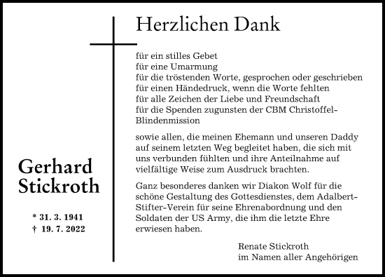 Traueranzeige von Gerhard Stickroth von Augsburger Allgemeine