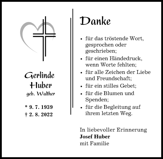 Traueranzeige von Gerlinde Huber von Neu-Ulmer Zeitung