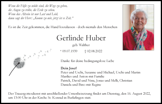 Traueranzeige von Gerlinde Huber von Neu-Ulmer Zeitung