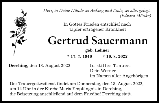 Traueranzeige von Gertrud Sauermann von Augsburger Allgemeine