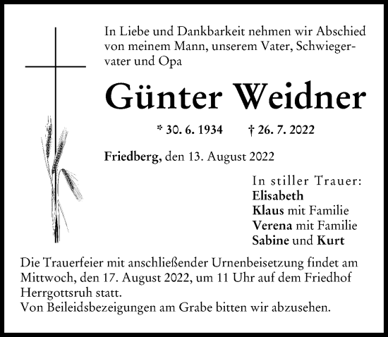 Traueranzeige von Günter Weidner von Friedberger Allgemeine