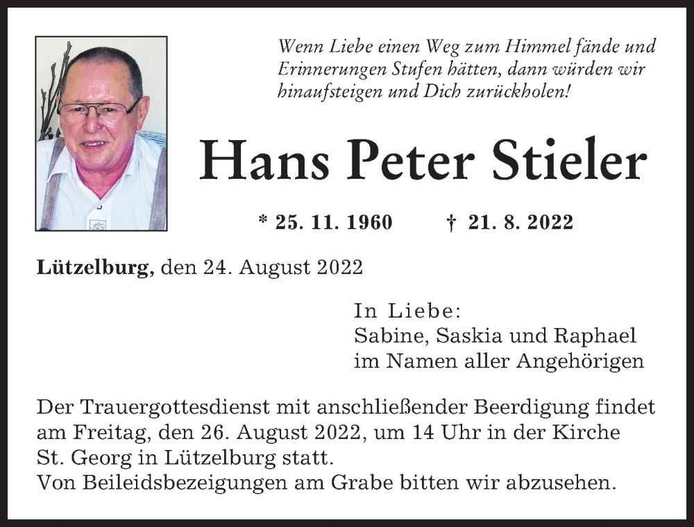  Traueranzeige für Hans Peter Stieler vom 24.08.2022 aus Augsburger Allgemeine