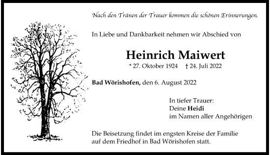 Traueranzeige von Heinrich Maiwert von Mindelheimer Zeitung